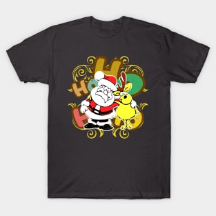 Ho ho ho Santa Claus and Rudolf the reindeer in friendly embrace in a Christmas atmosphere against the background of colorful letters T-Shirt